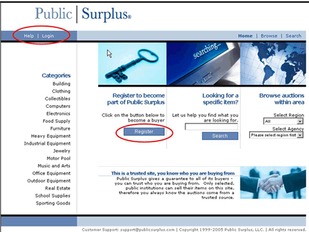 Public Surplus Site showing login and register buttons