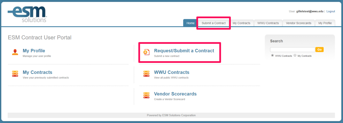 Screenshot of the CMM Submit a Contract areas