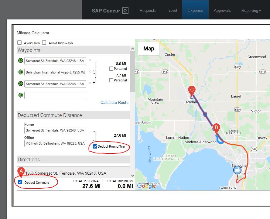 Concur Expense Mileage Calculator shows a route in blue from home in Ferndale to Bellingham Airport and the regular commute in red in Google map
