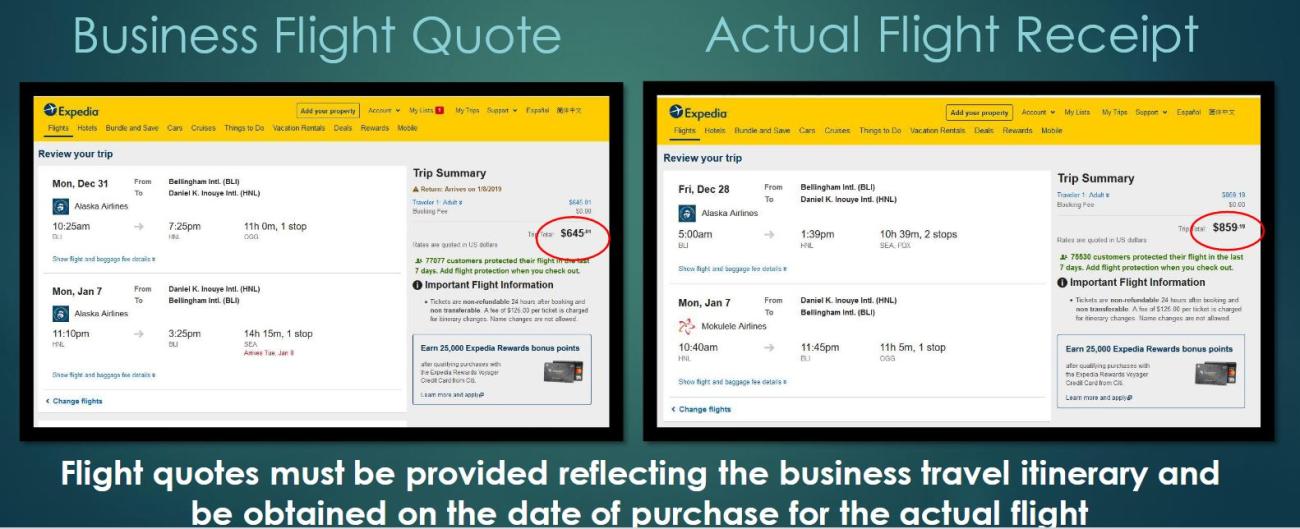 Two flight quotes documented by screen shot showing personal itinerary and business itinerary.