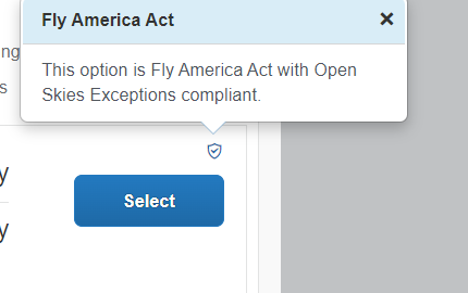 Booking tool clip with symbol and text bubble: This option is Fly America Act with Open Skies Exceptions compliant
