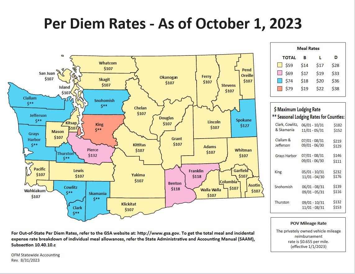 Map of counties in WA state showing per diem rates